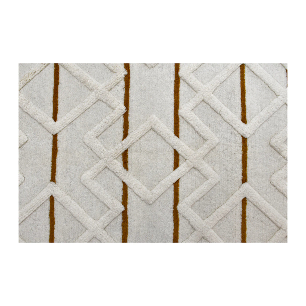 Field detail of cream wool rug showing an overlapping raised diamond lattice crossed by slim mustard lines