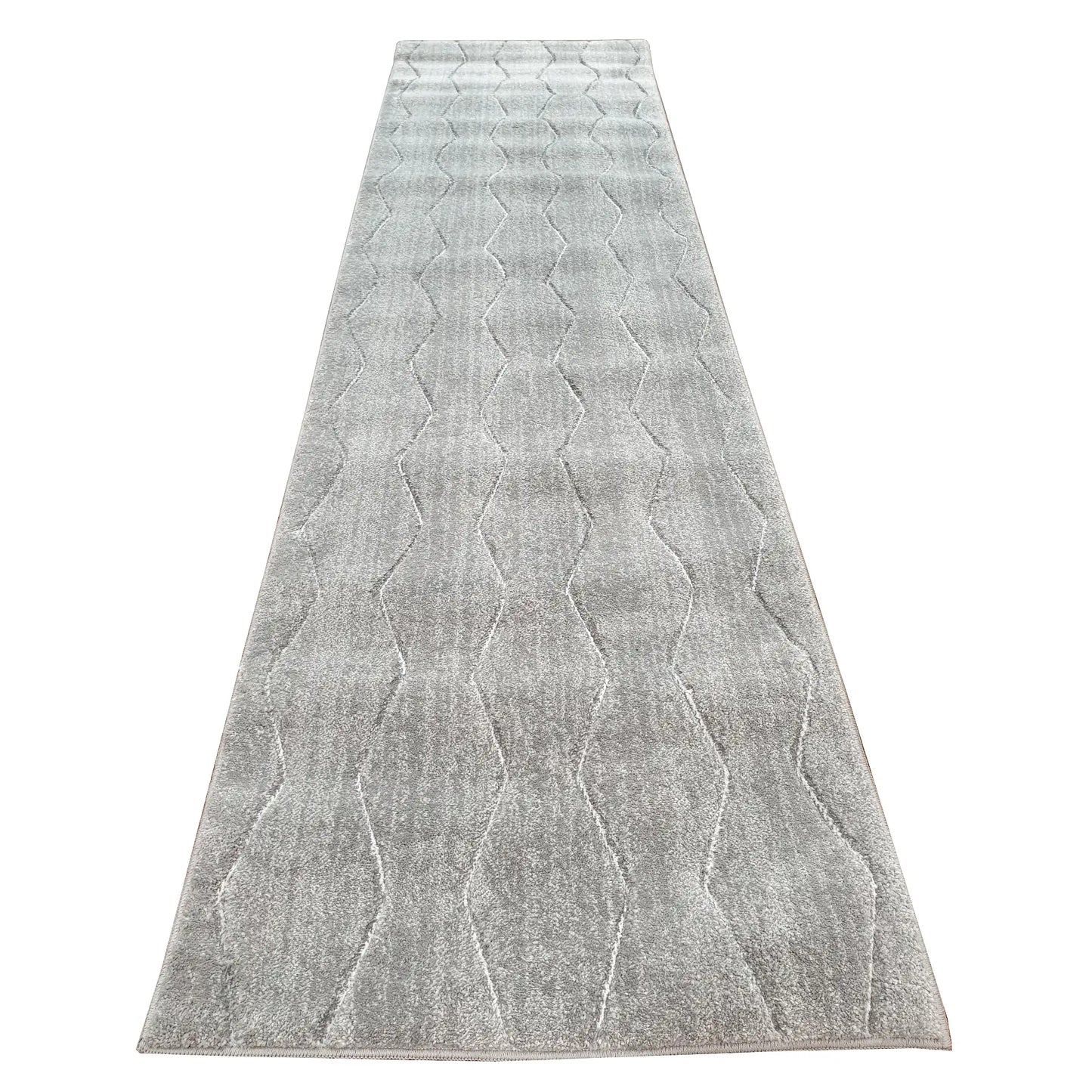 Denver Grey Abstract Runner Rug 300 x 80 cm full view with grey ground and charcoal wavy line pattern