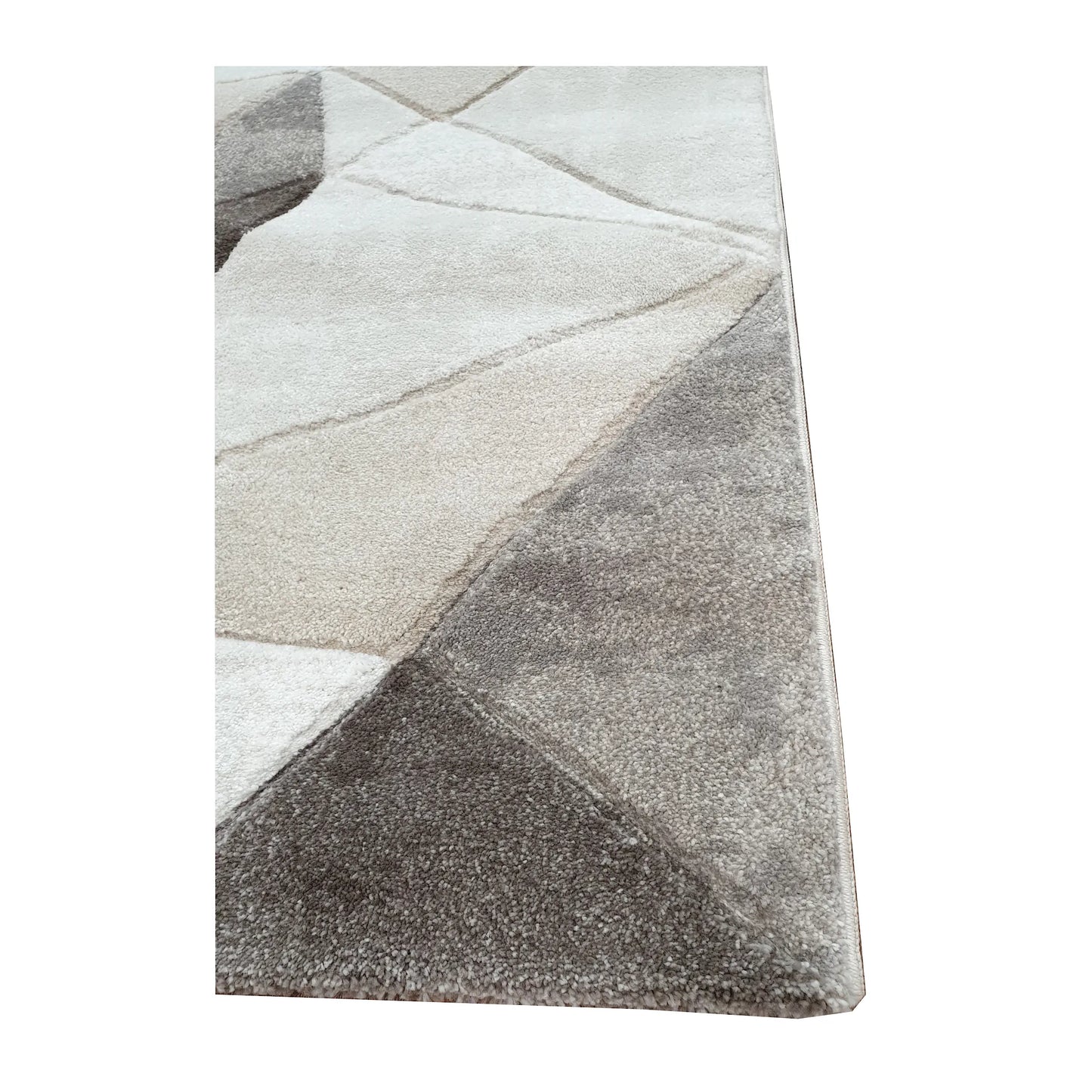 Edge detail of Denver Grey Geometric Runner Rug showing textured grey pile and faceted triangle design