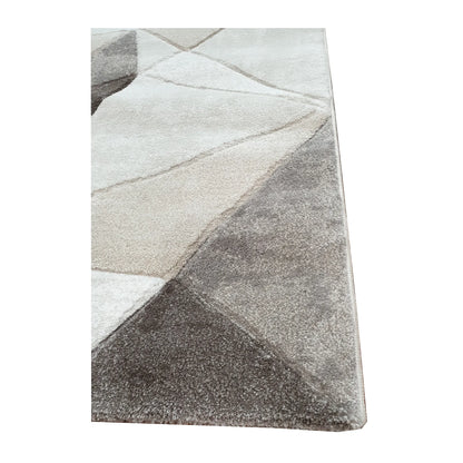 Edge detail of Denver Grey Geometric Runner Rug showing textured grey pile and faceted triangle design