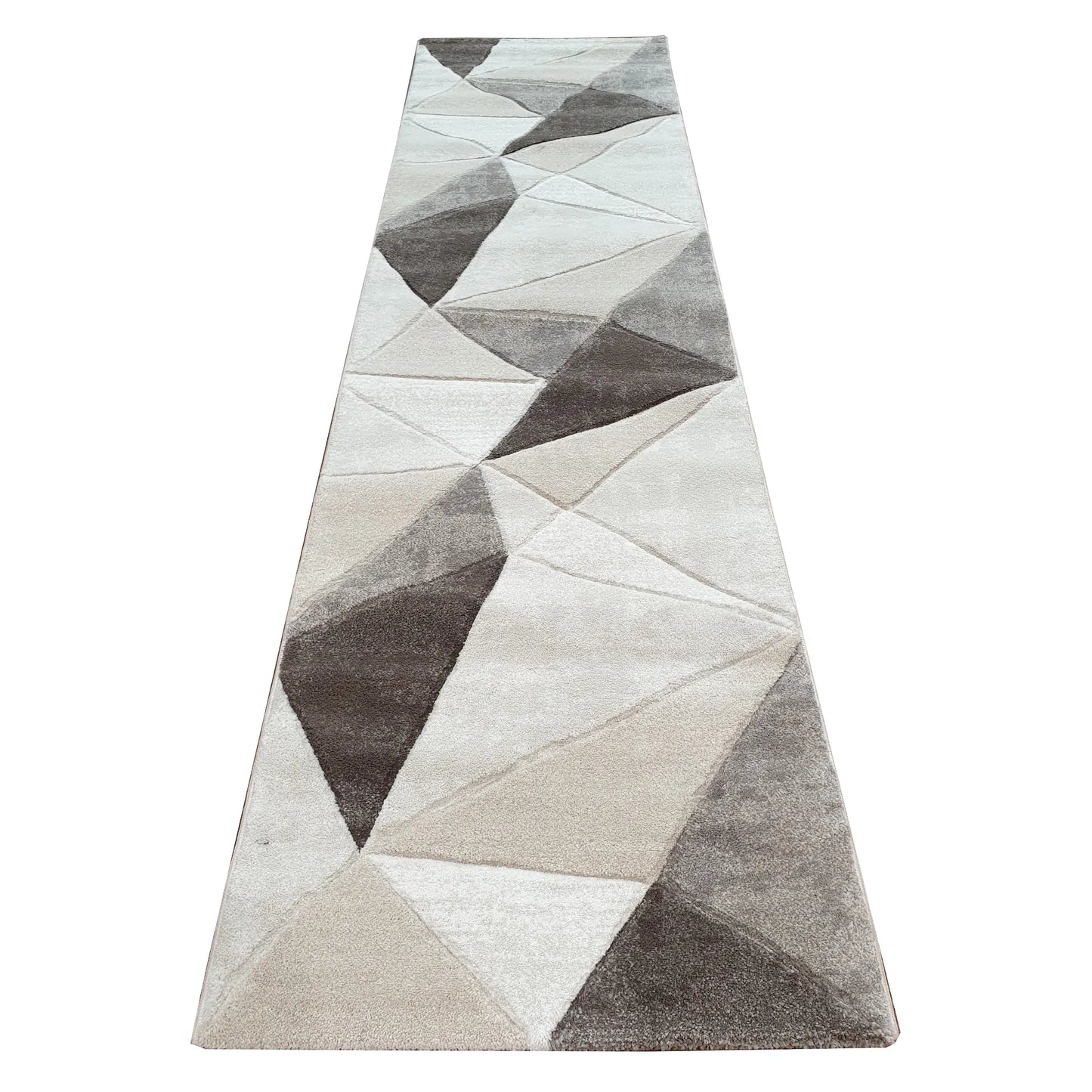 Denver Grey Geometric Runner Rug 300 x 80 cm full view with ivory, grey and charcoal triangle pattern