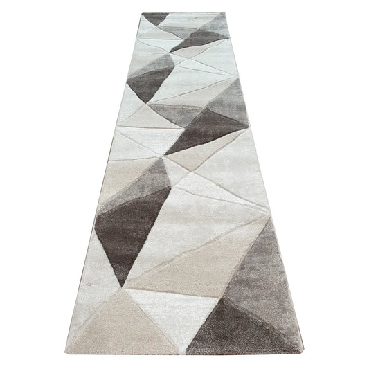 Denver Grey Geometric Runner Rug 300 x 80 cm full view with ivory, grey and charcoal triangle pattern