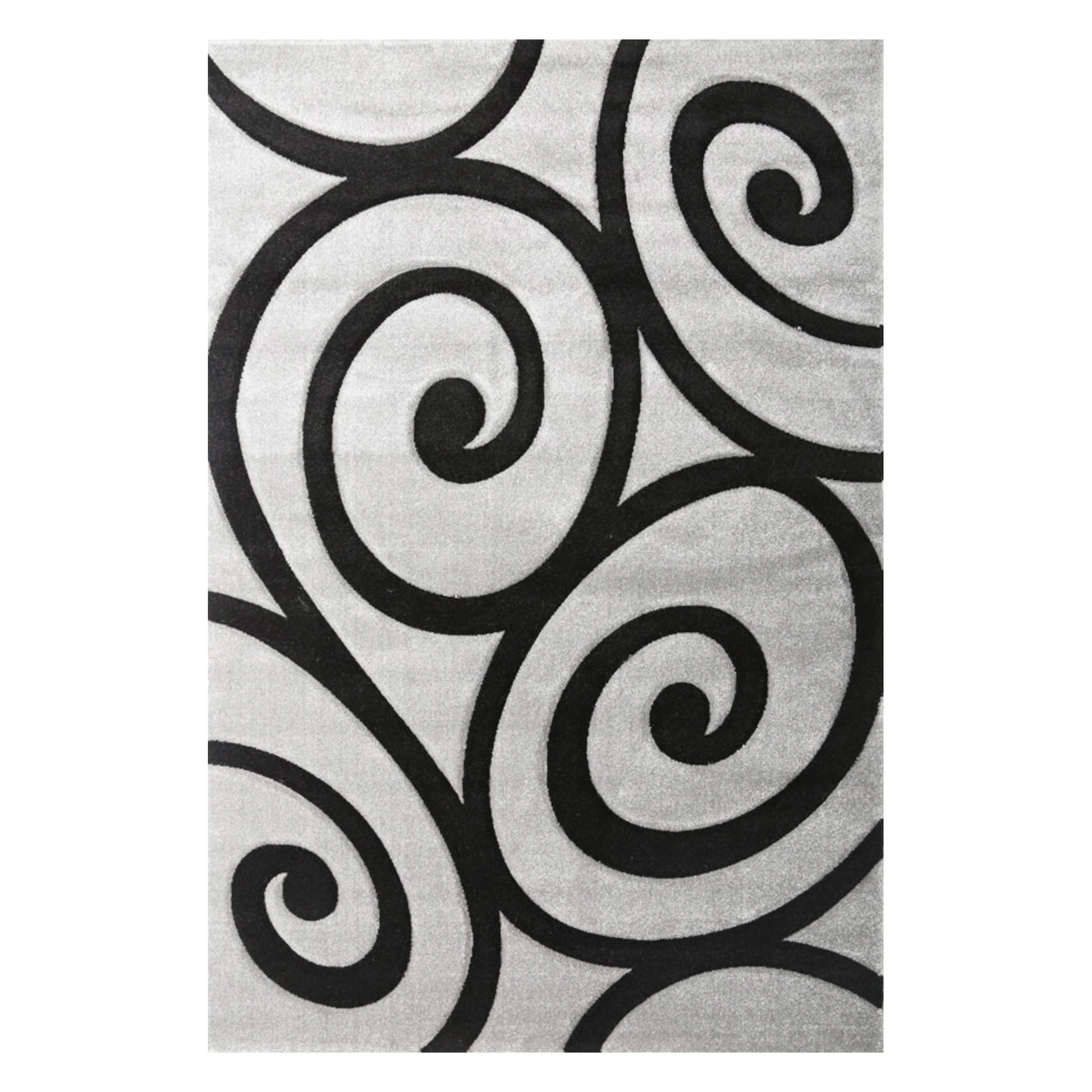 Full view of Diamond grey black swirl rug 290 x 200 cm with modern scrollwork pattern