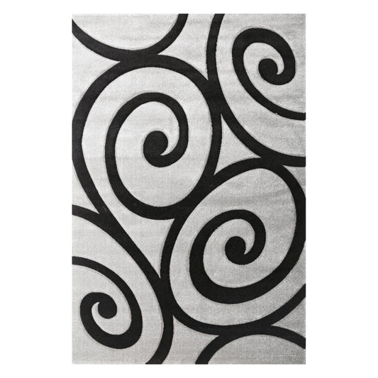 Full view of Diamond grey black swirl rug 290 x 200 cm with modern scrollwork pattern