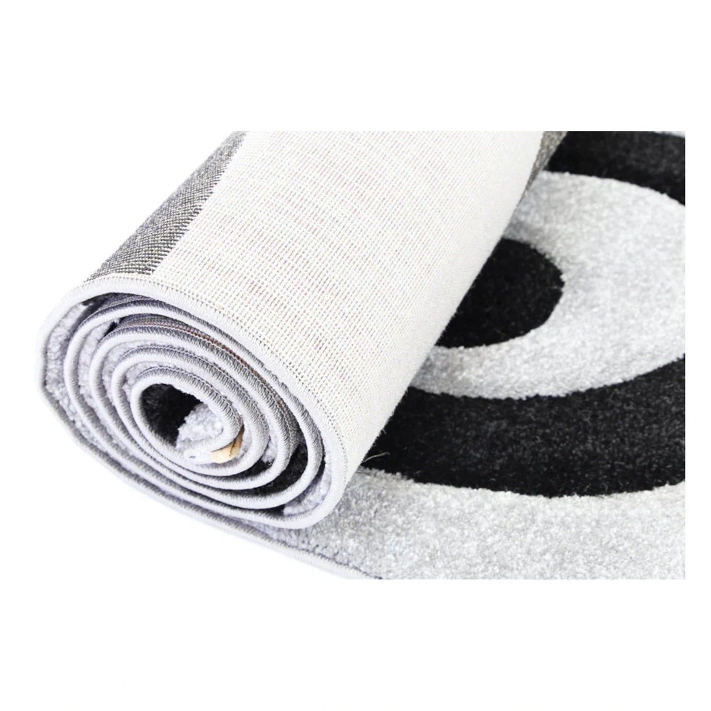Rolled view of Diamond grey black swirl rug showing surface pattern and backing