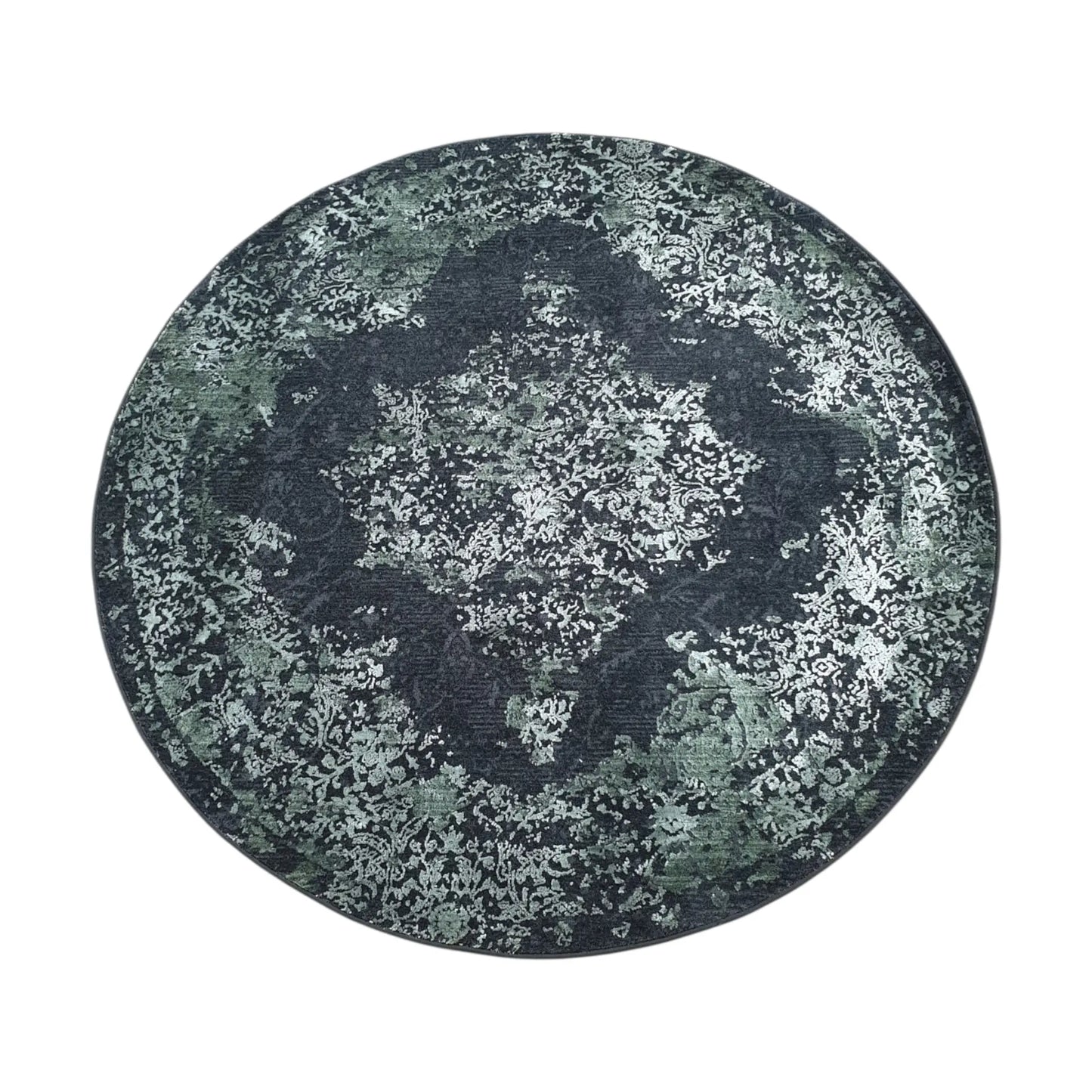Full view of emerald round rug with vintage-style medallion pattern, 160 cm