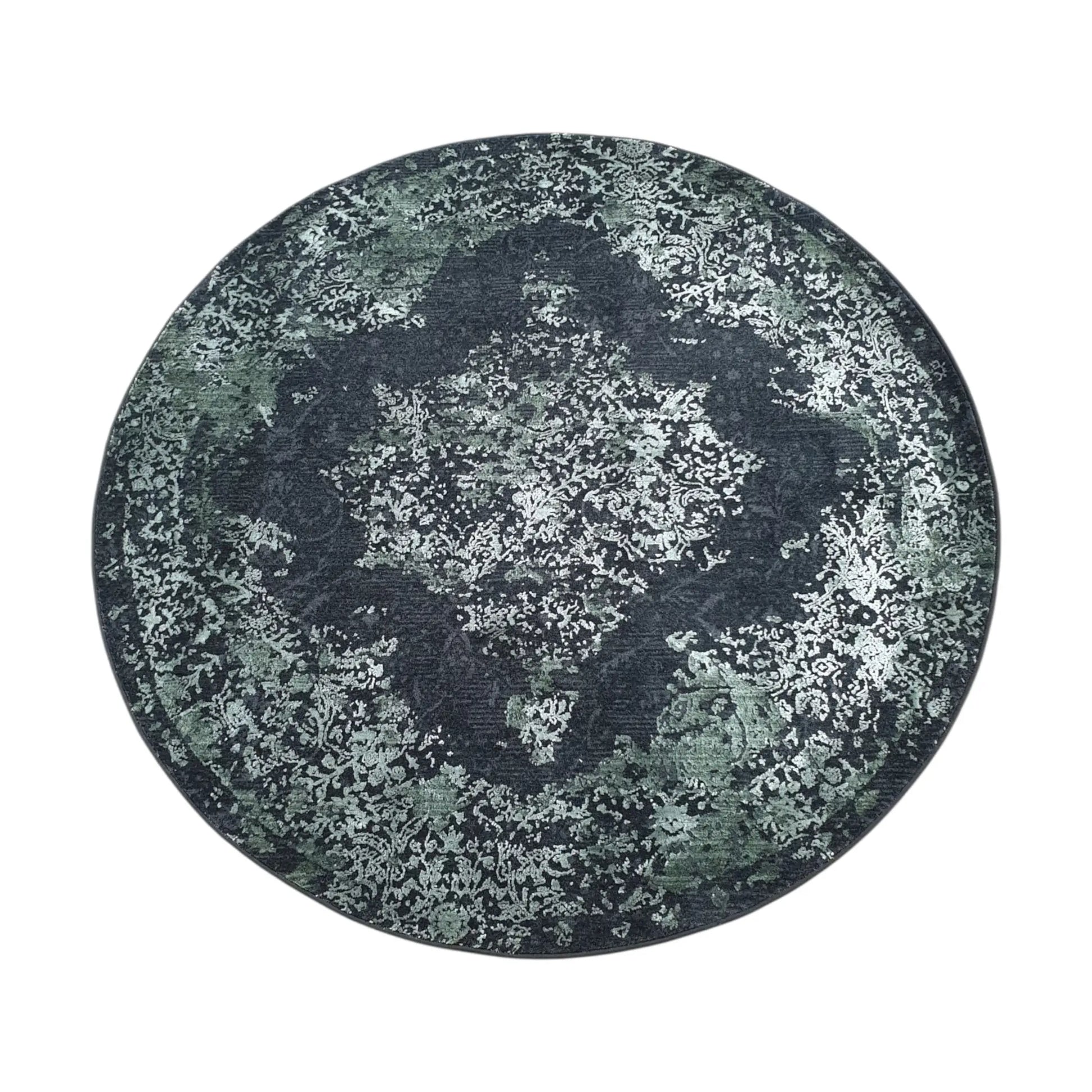 Full view of emerald round rug with vintage-style medallion pattern, 160 cm