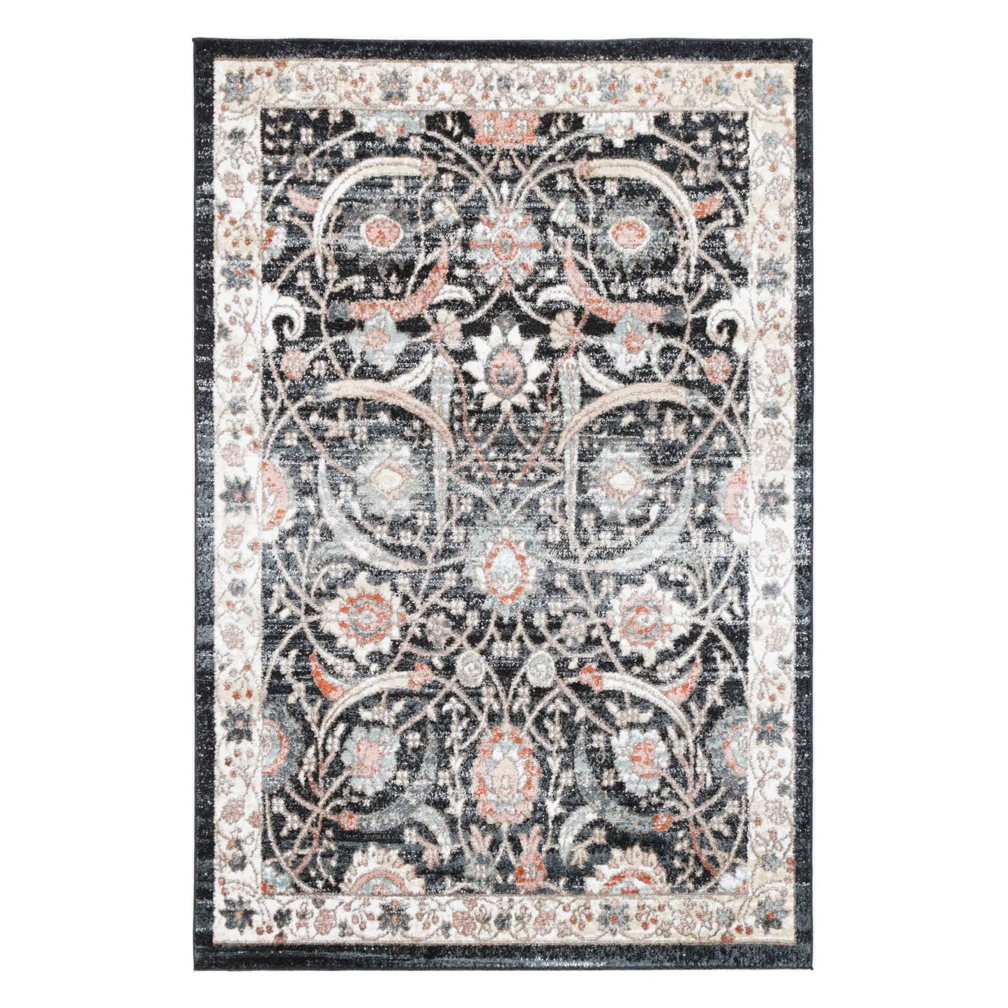 Full view of Estate Charcoal traditional rug with ornate medallion pattern and charcoal grey border, 290 x 200 cm
