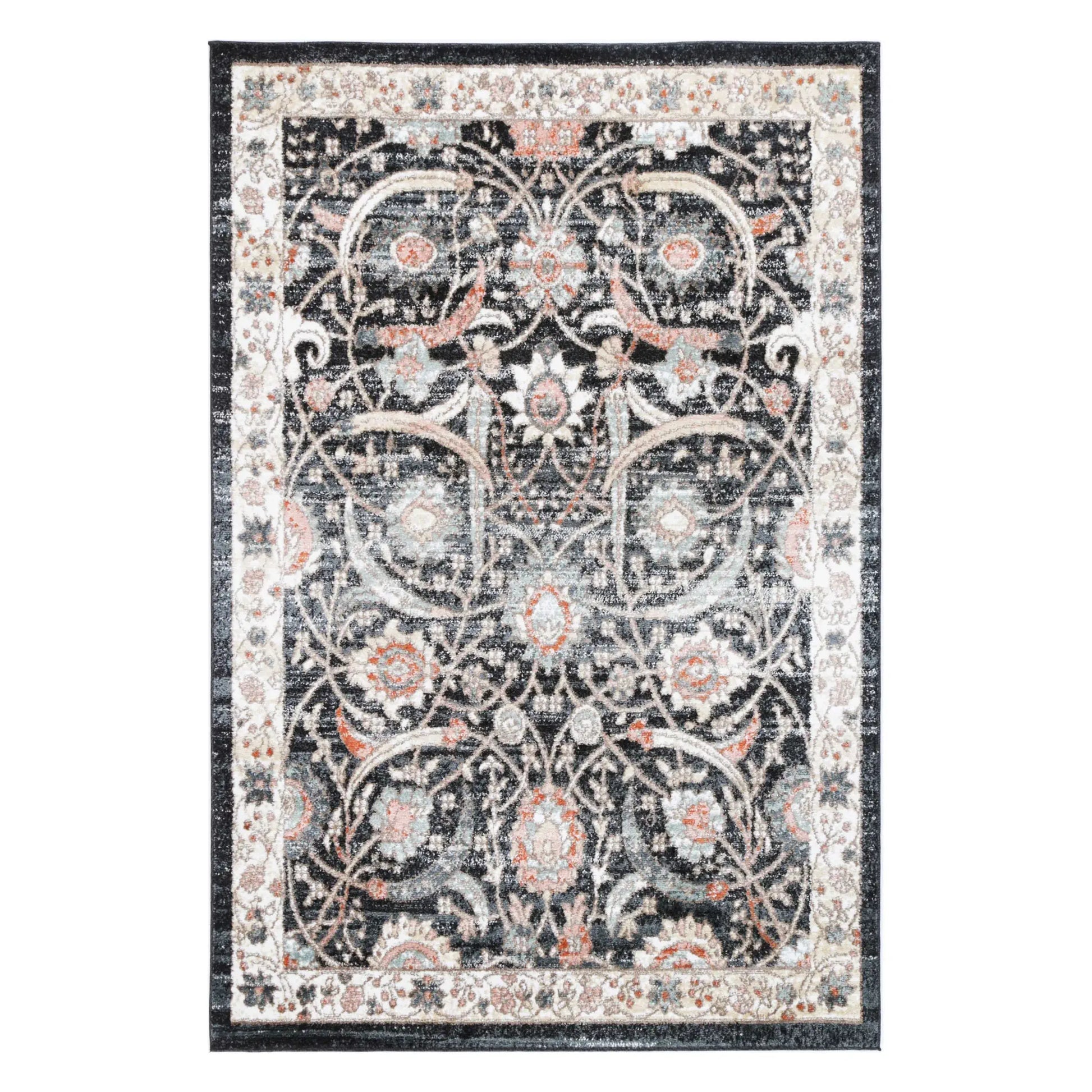 Full view of Estate Charcoal traditional rug with ornate medallion pattern and charcoal grey border, 290 x 200 cm