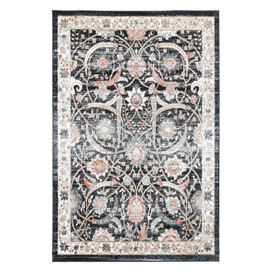 Full view of Estate Charcoal traditional rug with ornate medallion pattern and charcoal grey border, 290 x 200 cm