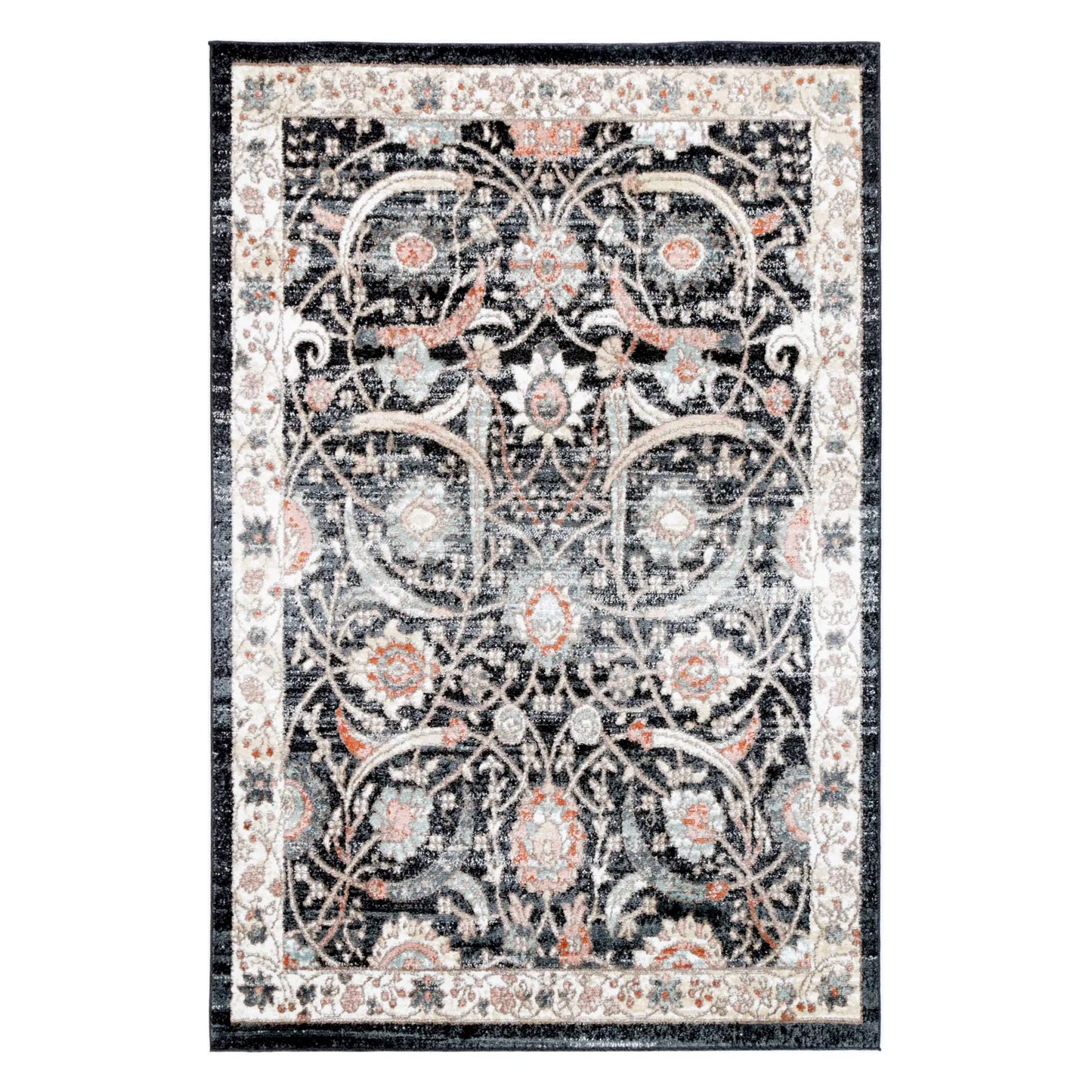 Full view of Estate Charcoal traditional rug with symmetrical floral scrollwork and a wide ivory border, 290 x 200 cm