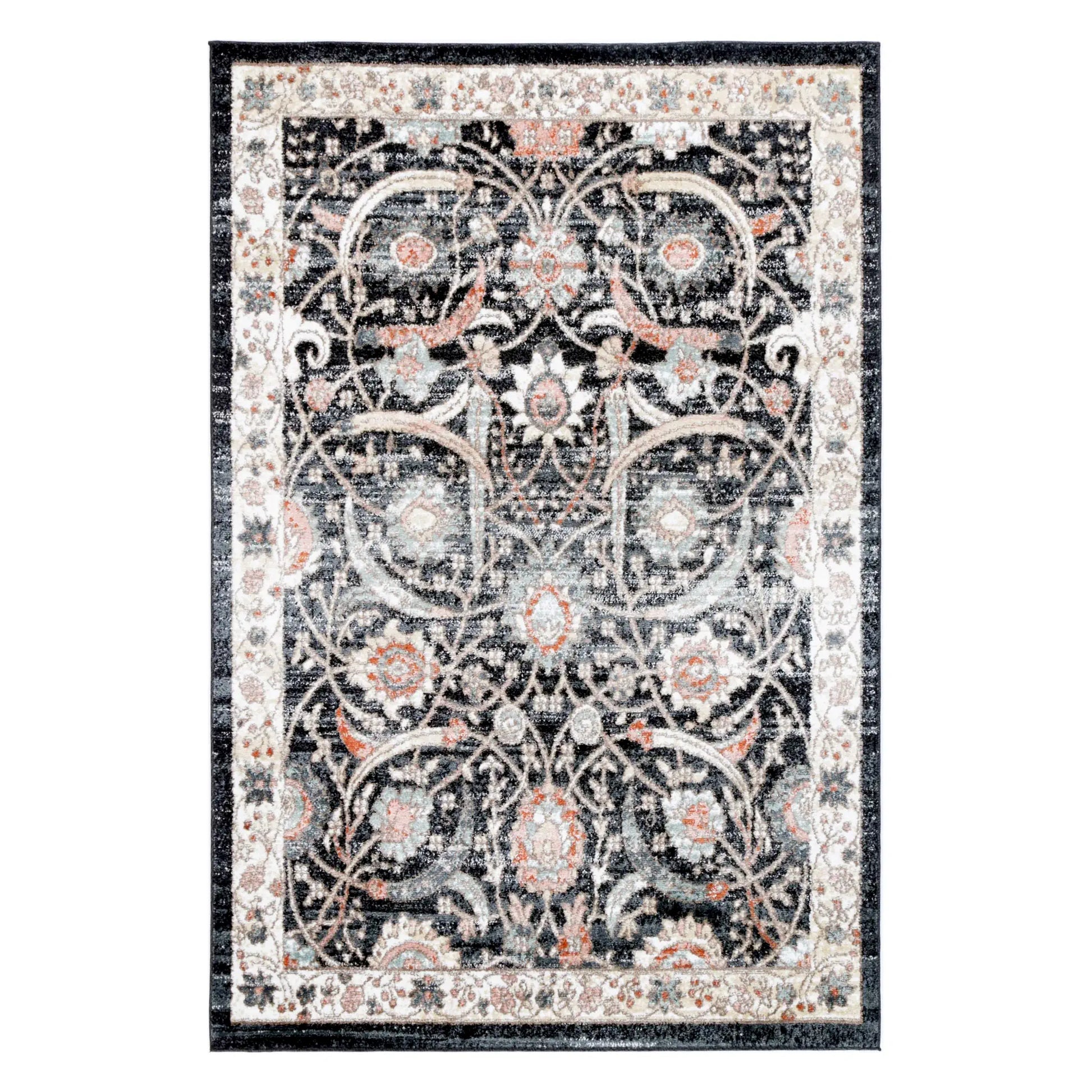 Full view of Estate Charcoal traditional rug with symmetrical floral scrollwork and a wide ivory border, 290 x 200 cm