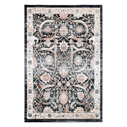 Full view of Estate Charcoal traditional rug with symmetrical floral scrollwork and a wide ivory border, 290 x 200 cm