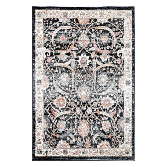 Full view of Estate Charcoal traditional rug with symmetrical floral scrollwork and a wide ivory border, 290 x 200 cm