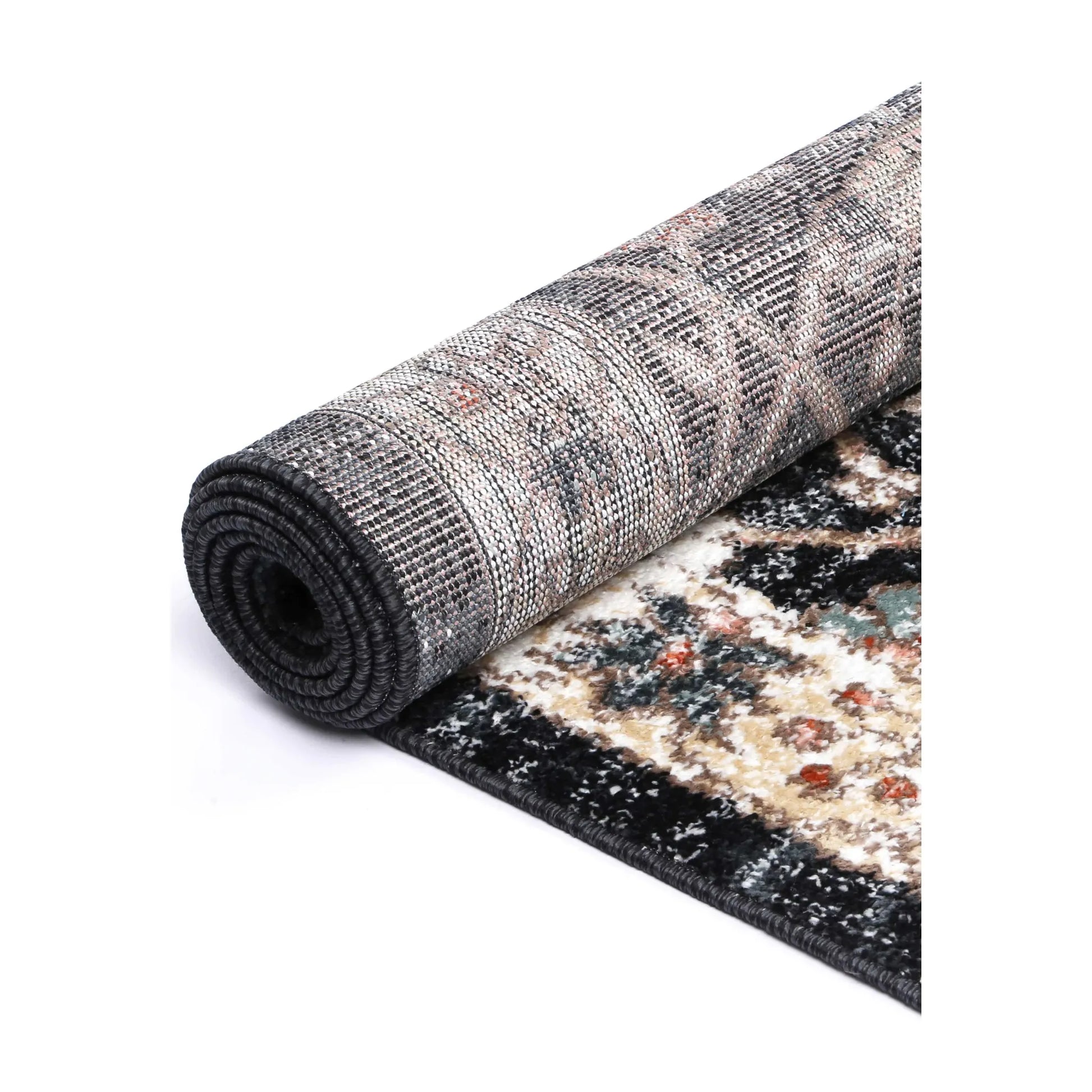 Rolled edge detail of Estate Charcoal traditional rug showing backing, binding and patterned polypropylene pile, 290 x 200 cm