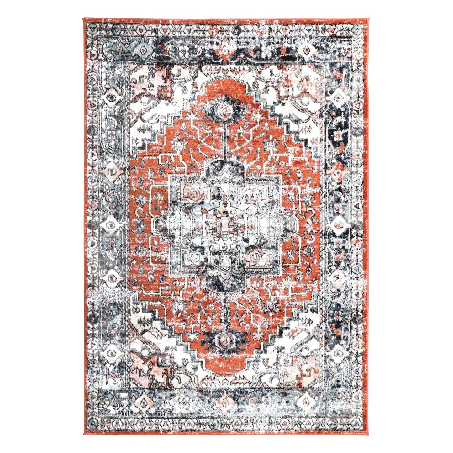 Full view of Estate Terracotta transitional rug with distressed medallion pattern and terracotta blue border, 290 x 200 cm