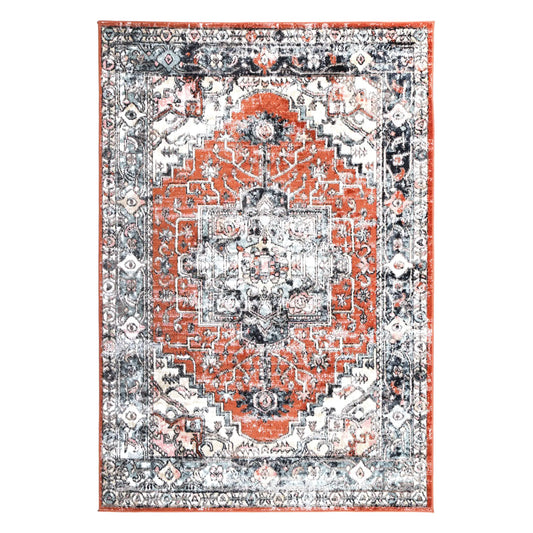 Full view of Estate Terracotta transitional rug with distressed medallion pattern and terracotta blue border, 290 x 200 cm