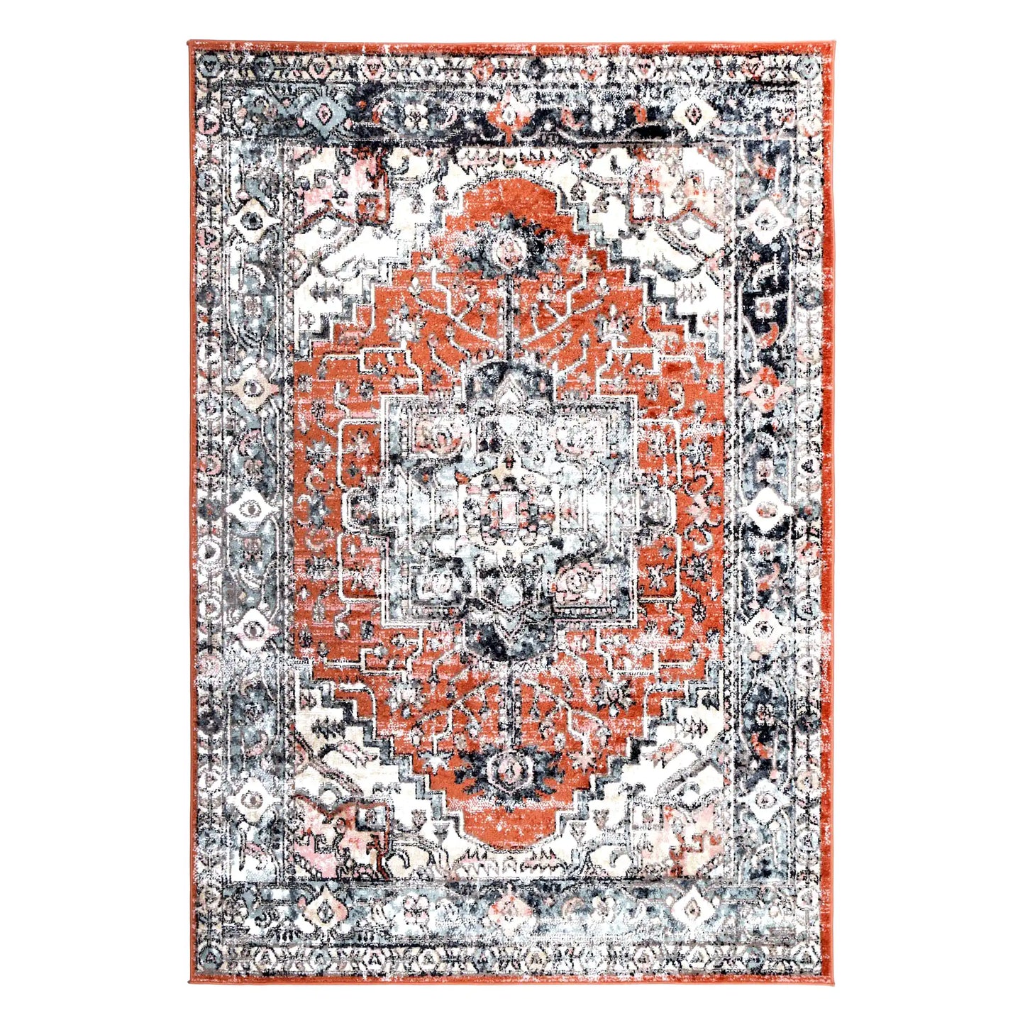 Full view of Estate Terracotta medallion rug with a warm terracotta field, ivory spandrels and layered charcoal border, 290 x 200 cm