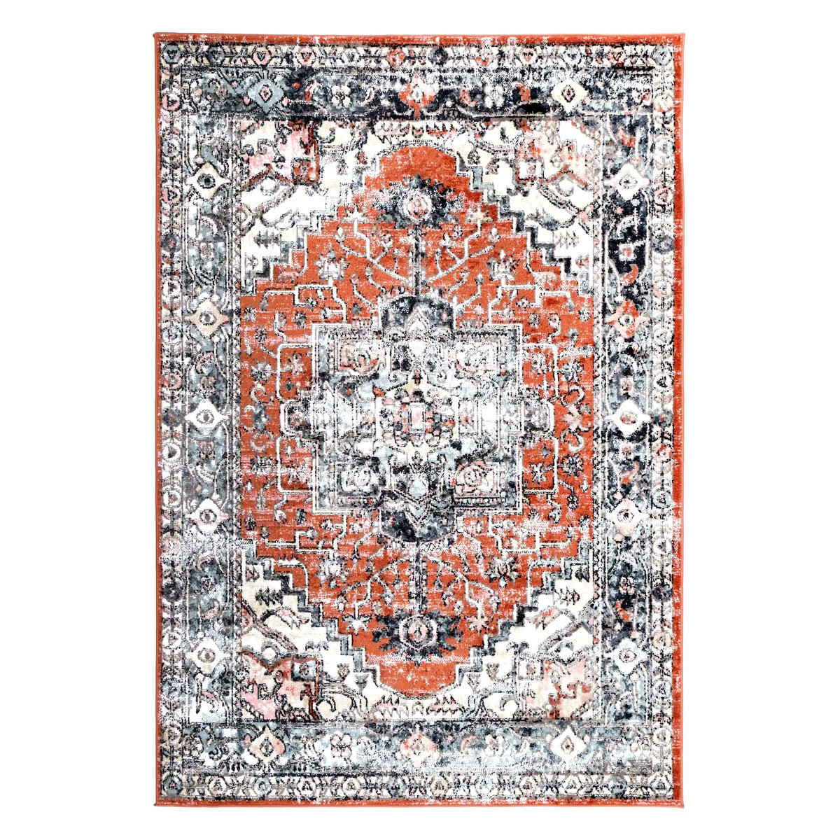 Full view of Estate Terracotta medallion rug with a warm terracotta field, ivory spandrels and layered charcoal border, 290 x 200 cm