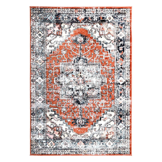 Full view of Estate Terracotta medallion rug with a warm terracotta field, ivory spandrels and layered charcoal border, 290 x 200 cm