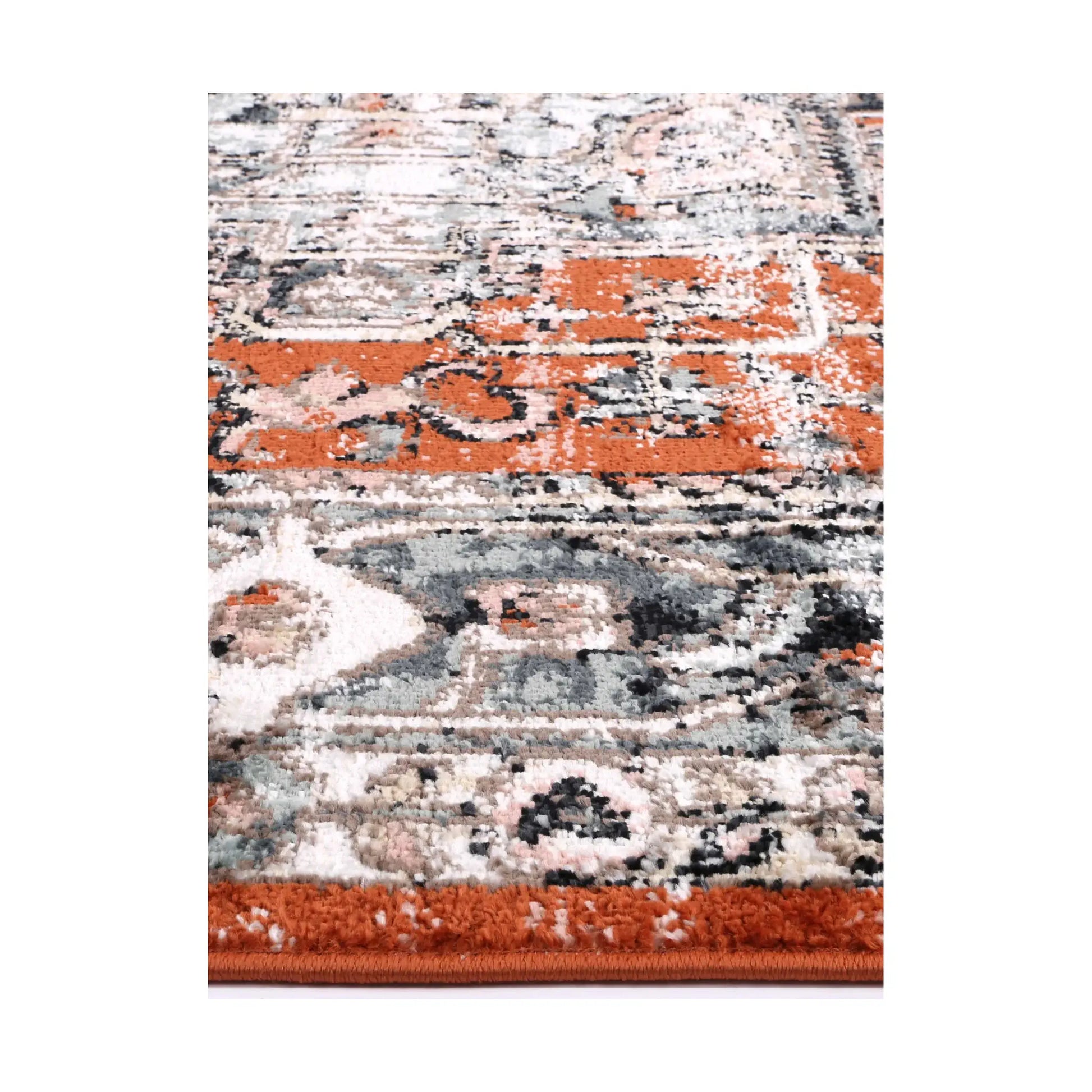 Close-up of Estate Terracotta rug showing polypropylene pile texture, distressed pattern and terracotta blue tones, 290 x 200 cm