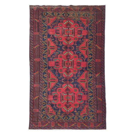 Full view of fine Afghan Baluchi hand-knotted wool rug 198 x 110 cm with red field