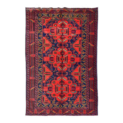 Full view of fine Afghan Baluchi hand-knotted wool rug with deep red floral-geometric field and dark navy borders, 198 x 110 cm