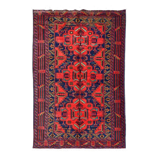 Full view of fine Afghan Baluchi hand-knotted wool rug with deep red floral-geometric field and dark navy borders, 198 x 110 cm