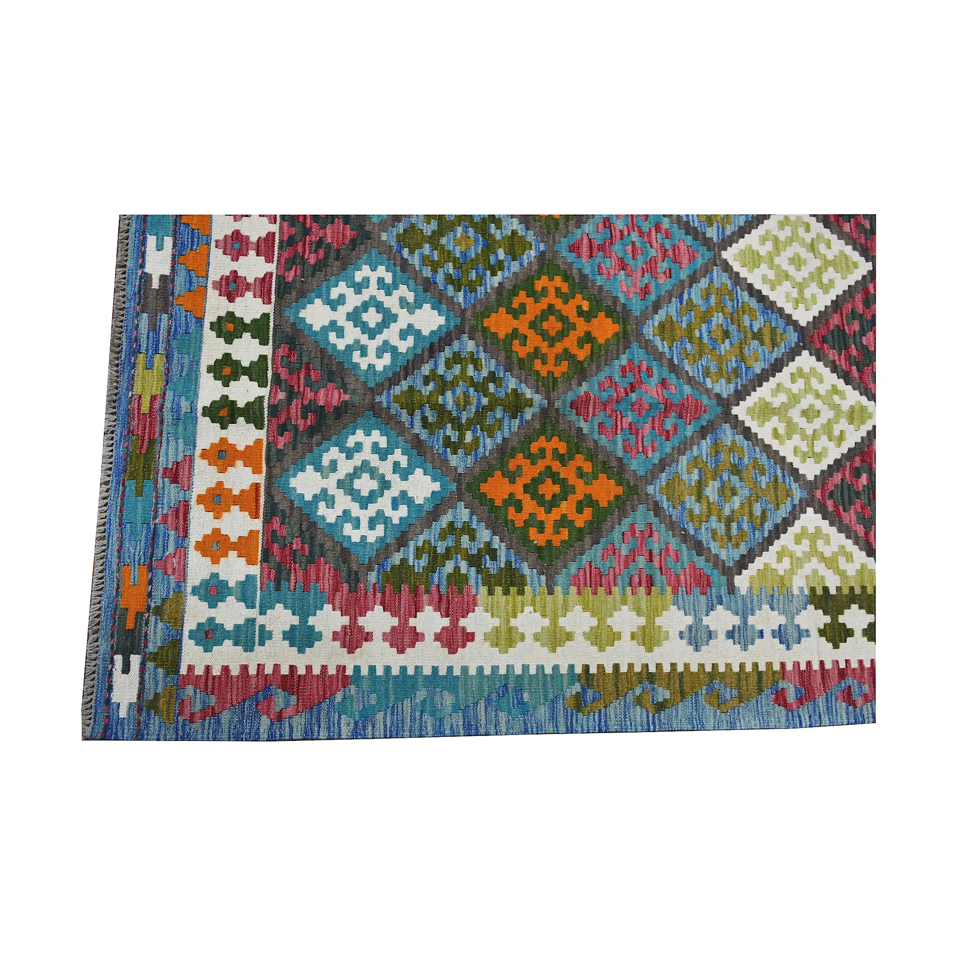 Corner border detail of Fine Afghan Chobi Kilim rug with multicolour geometric motifs and blue side edge