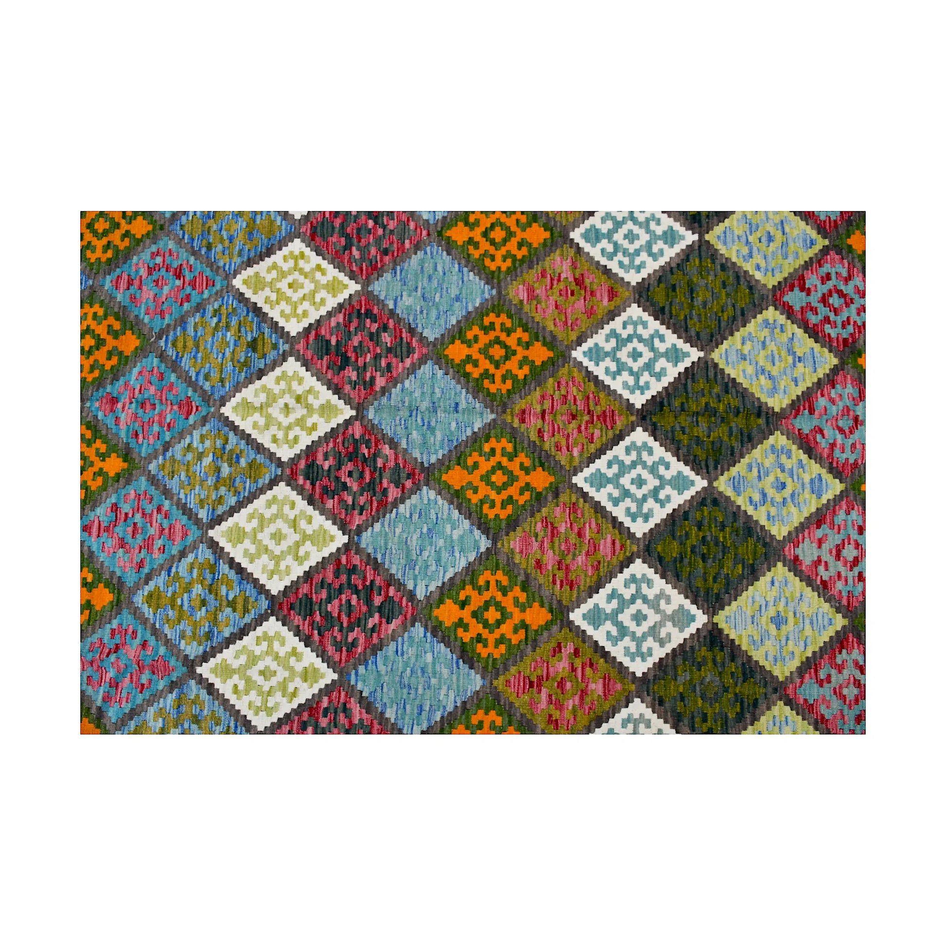 Close-up of Fine Afghan Chobi Kilim rug showing blue-green, olive, rust and ivory diamond pattern