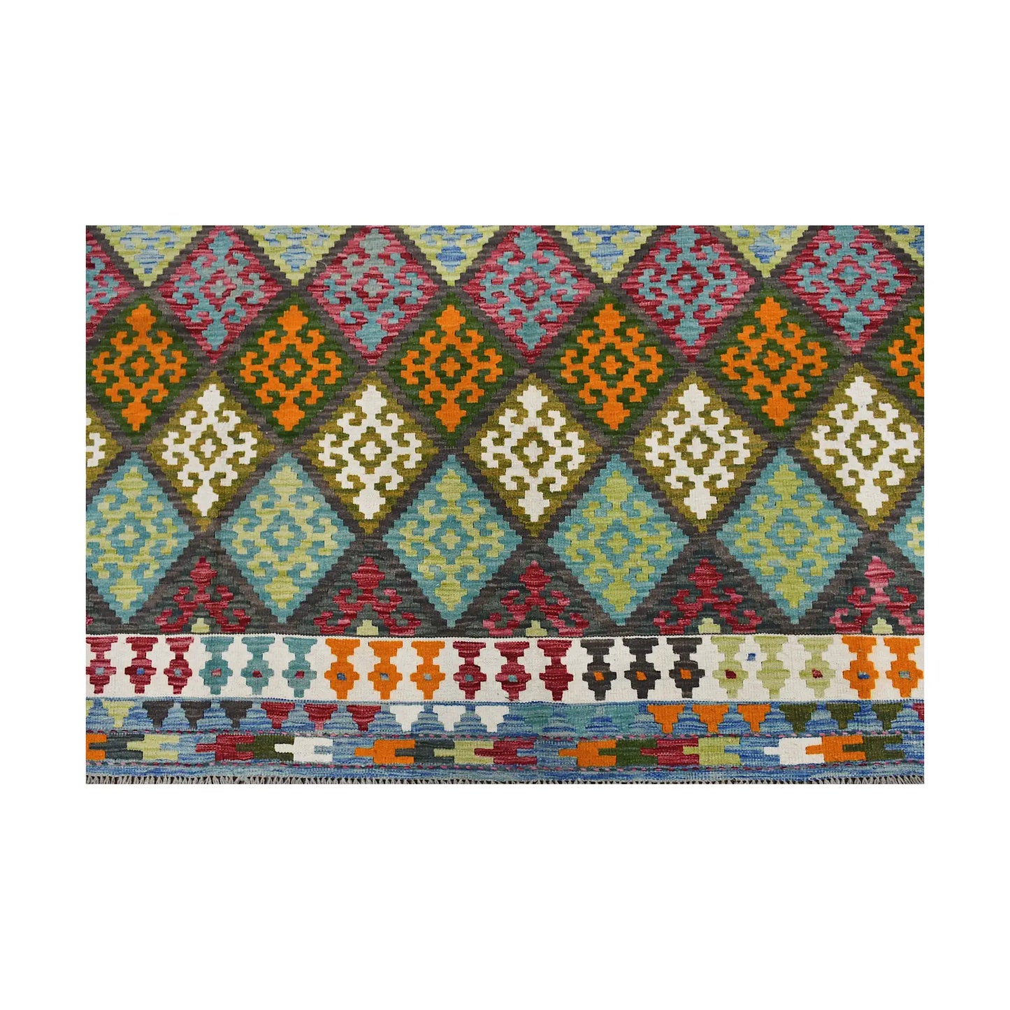 Field and border detail of Fine Afghan Chobi Kilim rug with repeated diamond motifs and ivory border accents