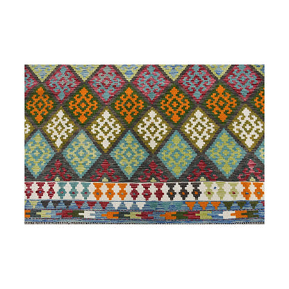 Field and border detail of Fine Afghan Chobi Kilim rug with repeated diamond motifs and ivory border accents
