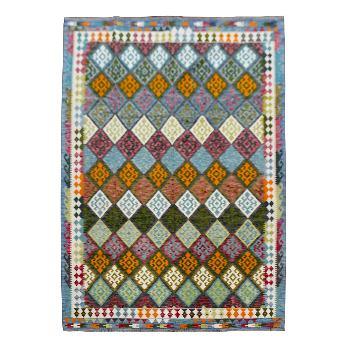 Fine Afghan Chobi Kilim rug 307 x 208 cm full view with blue-green field and multicolour diamond pattern