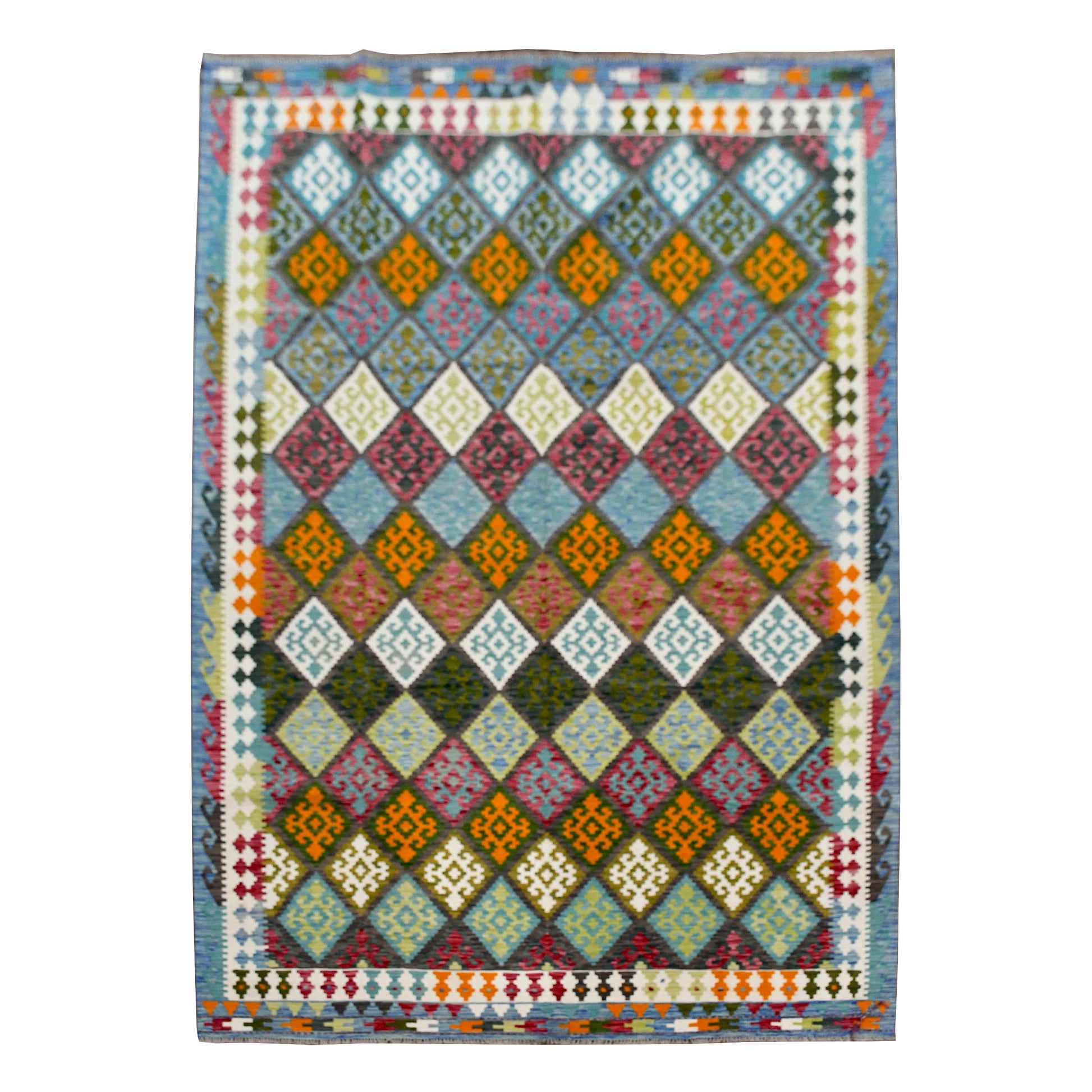 Fine Afghan Chobi Kilim rug 307 x 208 cm full view with blue-green field and multicolour diamond pattern
