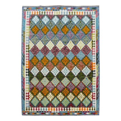 Fine Afghan Chobi Kilim rug 307 x 208 cm full view with blue-green field and multicolour diamond pattern