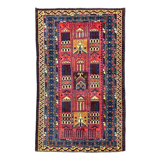 Full view of fine Baluchi wool rug with red panelled field, broad navy borders and mustard-gold geometric details, 154 x 87 cm