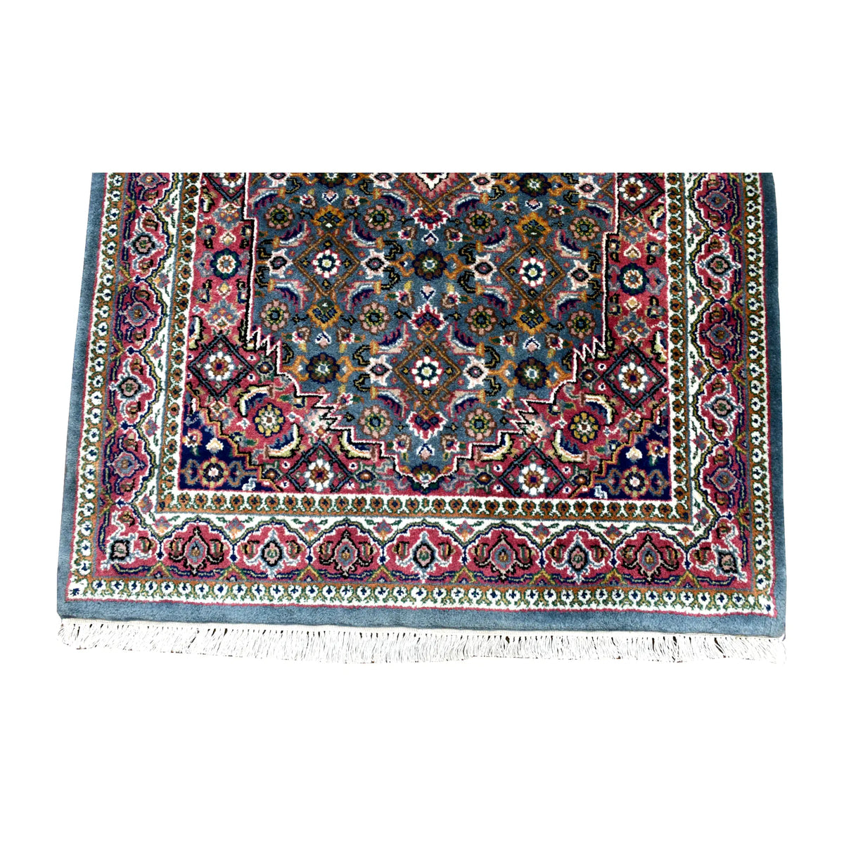Fringe-end detail of Fine Bidjar rug showing rosettes and curved leaves above layered floral borders and cream fringe