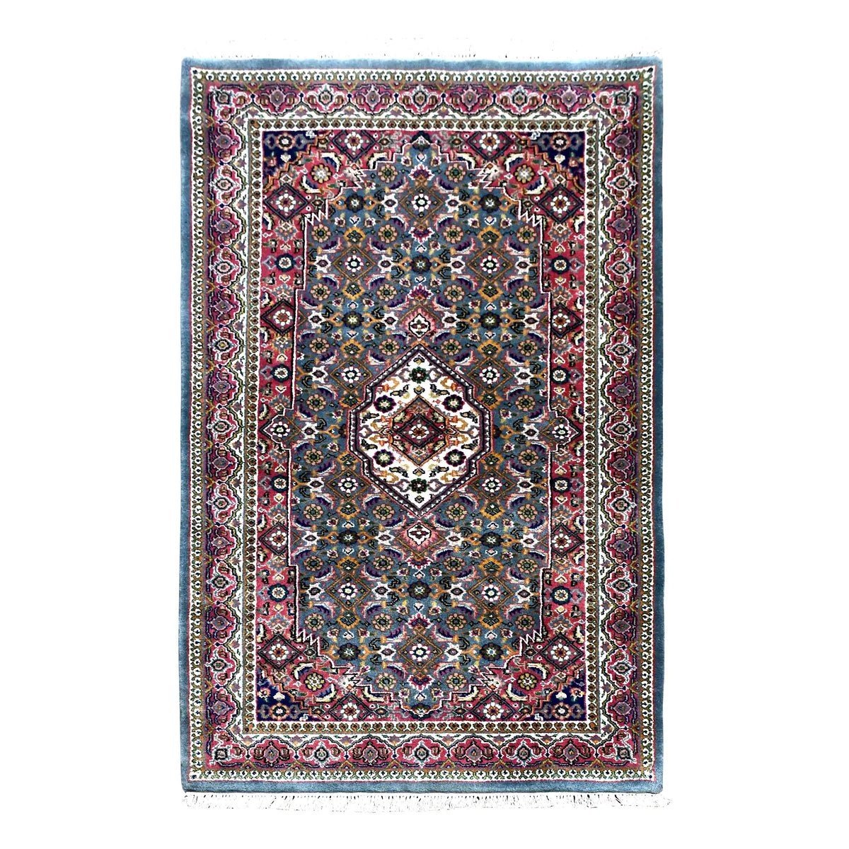 Full view of Fine Bidjar wool rug with blue-grey floral field, ivory central medallion and muted red borders, 162 x 92 cm