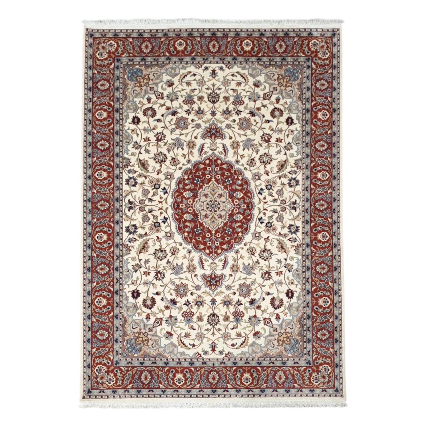 Full view of Fine Tabriz hand-knotted wool rug with beige floral field, red medallion and border, 282 x 183 cm