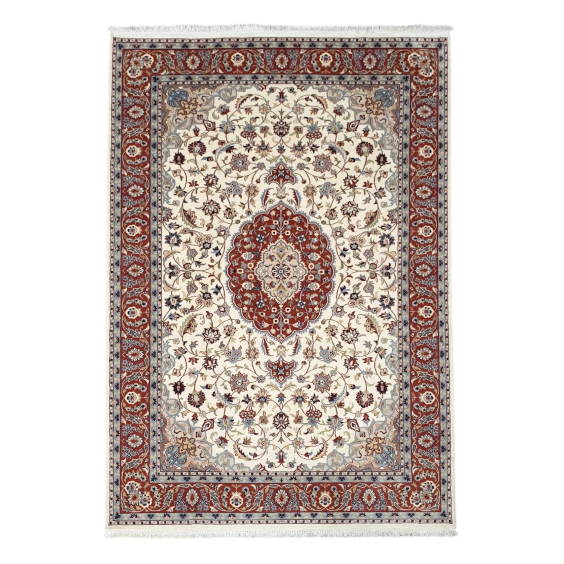 Full view of Fine Tabriz hand-knotted wool rug with beige floral field, red medallion and border, 282 x 183 cm