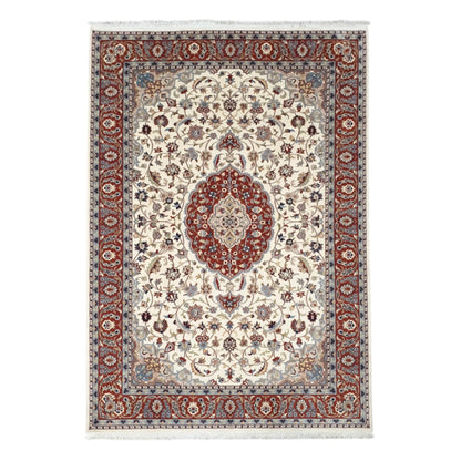Full view of Fine Tabriz hand-knotted wool rug with beige floral field, red medallion and border, 282 x 183 cm