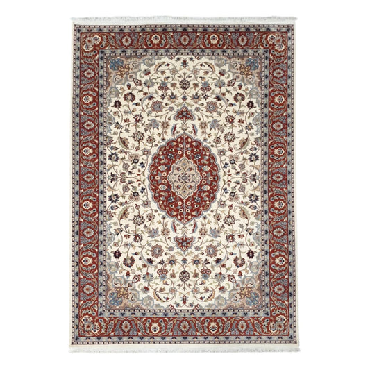 Full view of Fine Tabriz hand-knotted wool rug with beige floral field, red medallion and border, 282 x 183 cm