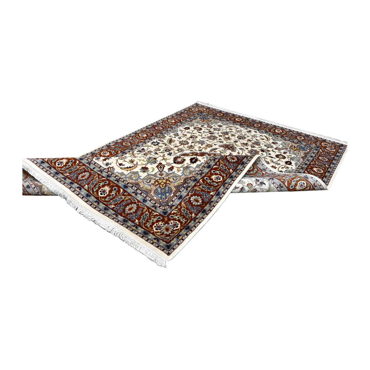 Angled view of the Fine Tabriz rug partly folded, showing its floral front and patterned reverse at the sides