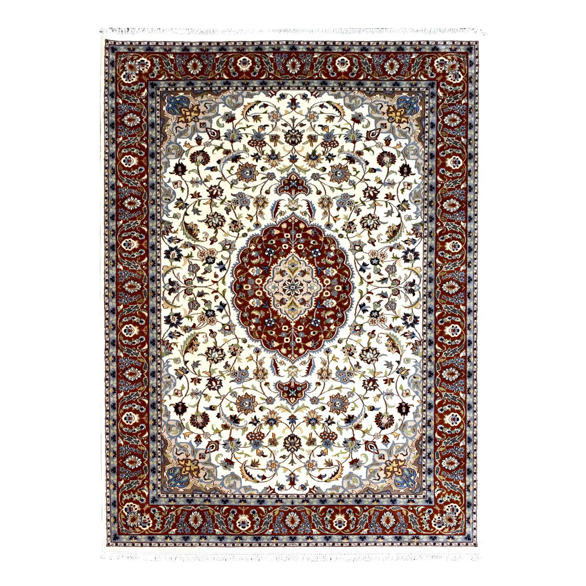 Full view of Fine Tabriz rug with beige floral field, rust-red medallion and broad patterned border, 282 x 183 cm