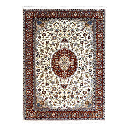 Full view of Fine Tabriz rug with beige floral field, rust-red medallion and broad patterned border, 282 x 183 cm