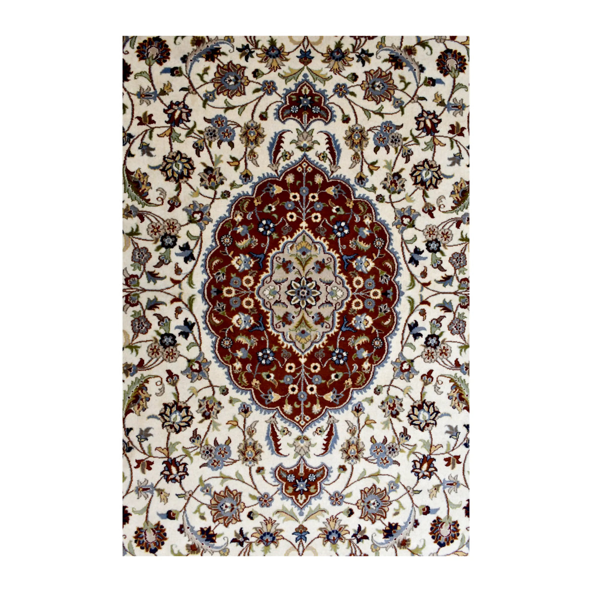 Central rust-red medallion surrounded by the beige floral field and muted blue details of the Fine Tabriz rug