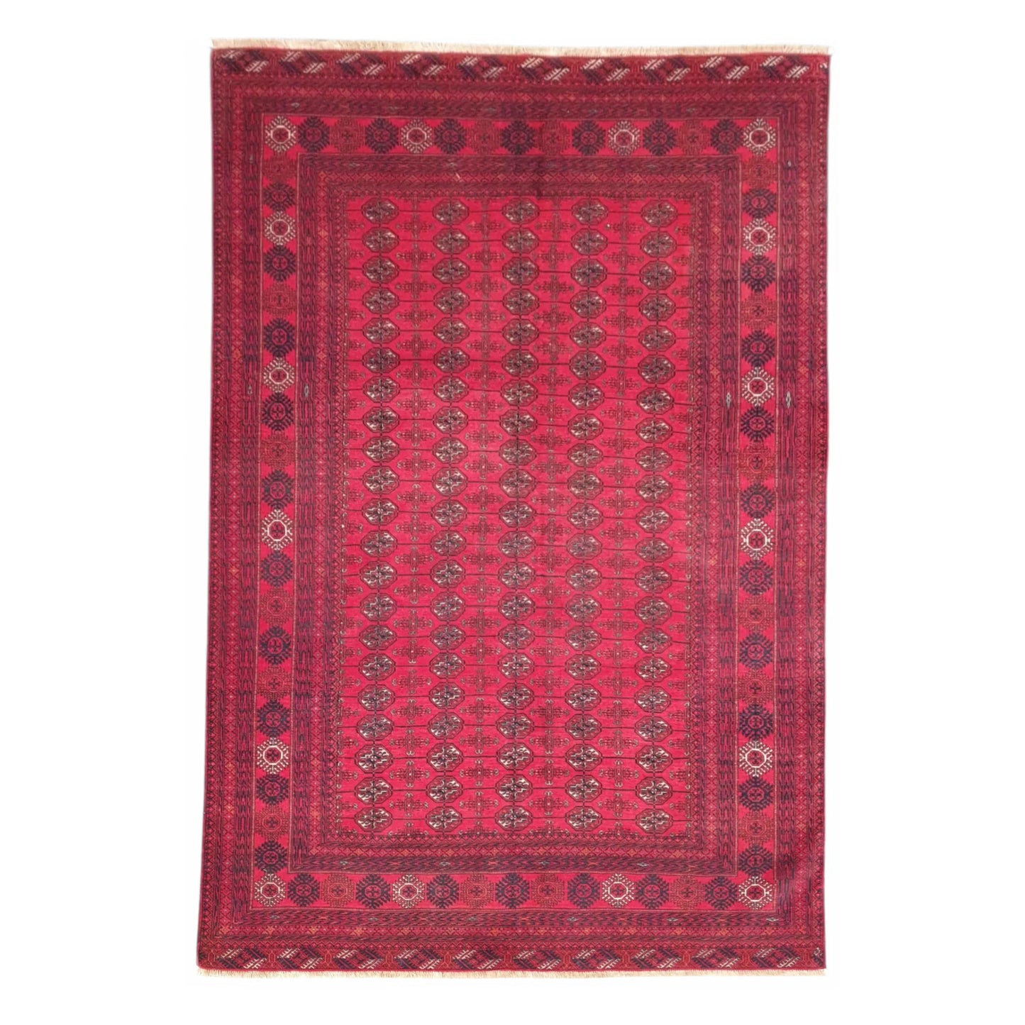 Full view of Fine Turkmen Tekke wool rug with deep red field and repeating gül motifs, 286 x 196 cm