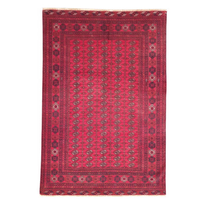 Full view of Fine Turkmen Tekke wool rug with deep red field and repeating gül motifs, 286 x 196 cm