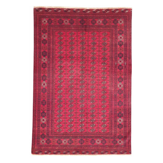 Full view of Fine Turkmen Tekke wool rug with deep red field and repeating gül motifs, 286 x 196 cm