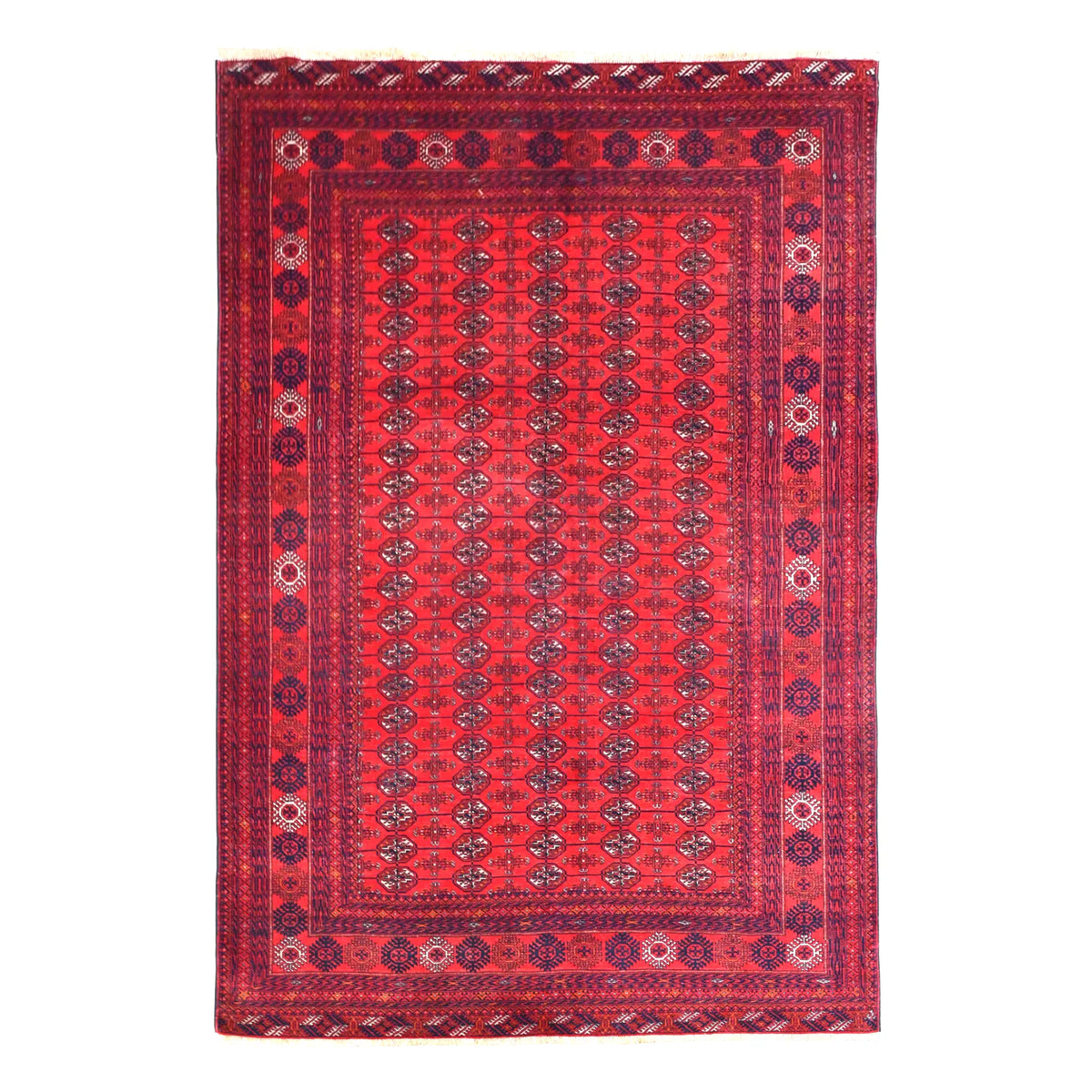 Full view of Fine Turkmen Tekke hand-knotted wool rug with a deep red field, rows of dark gül motifs and geometric borders, 286 x 196 cm